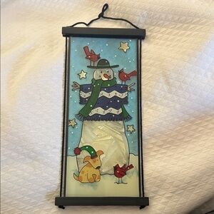 Vintage Joan Baker Designs Hand-Painted Glass Snowman Suncatcher Panel. Like New